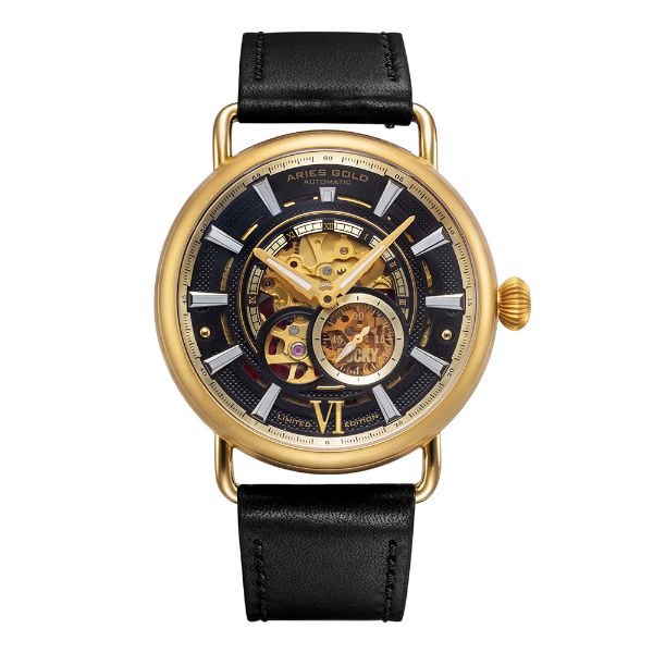ARIES GOLD AUTOMATIC ROCKY LIMITED EDITION GOLD STAINLESS STEEL INVINCIBLE G 9013 G-BK LEATHER STRAP MEN'S WATCH